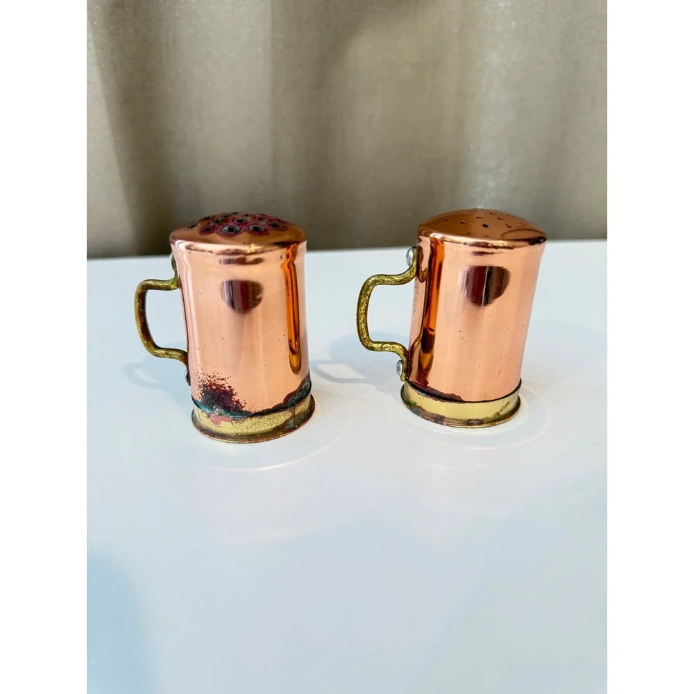 Vintage Copper and Brass Salt and Pepper Shakers Rustic Mug Tankard Set